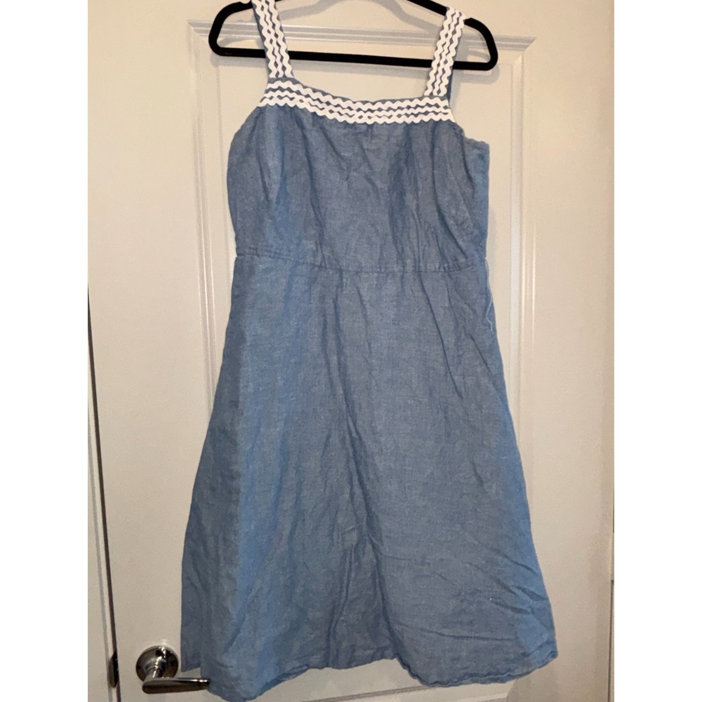 Ann Taylor A Line Dress Women 12P Blue Lined Ric Rac Detail Square Neck Back Zip